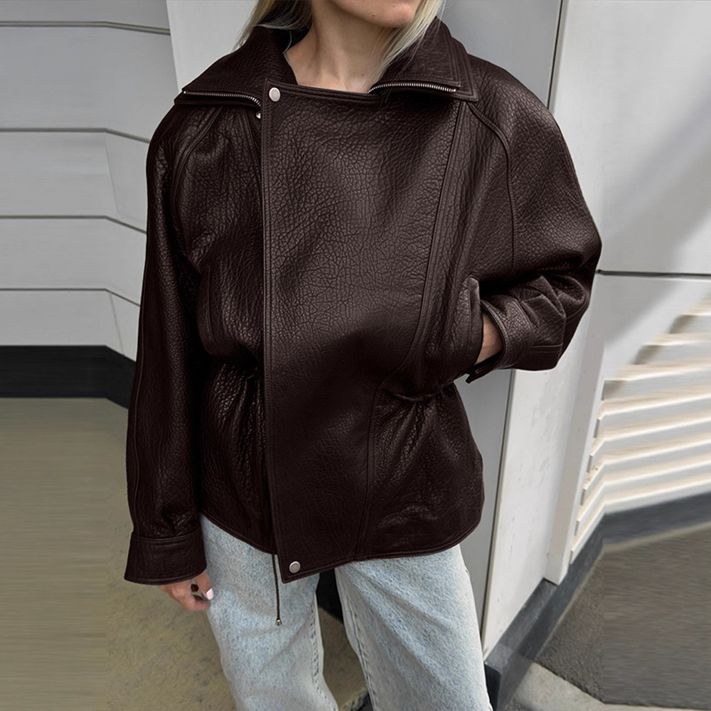 Aliexpress's Popular High-End Motorcycle Style Drawstring Parka Leather Jacket 2025 European and American Cross-Border Women's Clothing