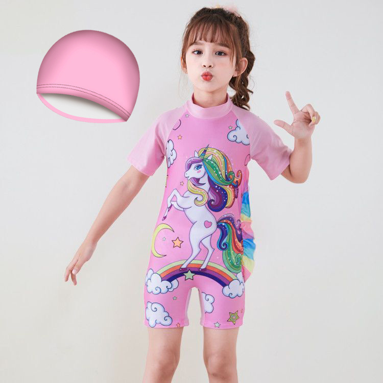 Traje de baño de una pieza para niñas, estilo caricatura, manga corta, pantalones cortos, traje de baño conservador con diseño patentado.
