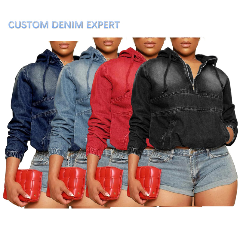 Cross-Border Amazon Irregular Motorcycle Denim Jacket for Women Loose Hooded Long Sleeve Casual Jacket European and American Style Cross-Border Amazon Irregular Motorcycle Denim Jacket for Women Loose Hooded Long Sleeve Casual Jacket European and American Style