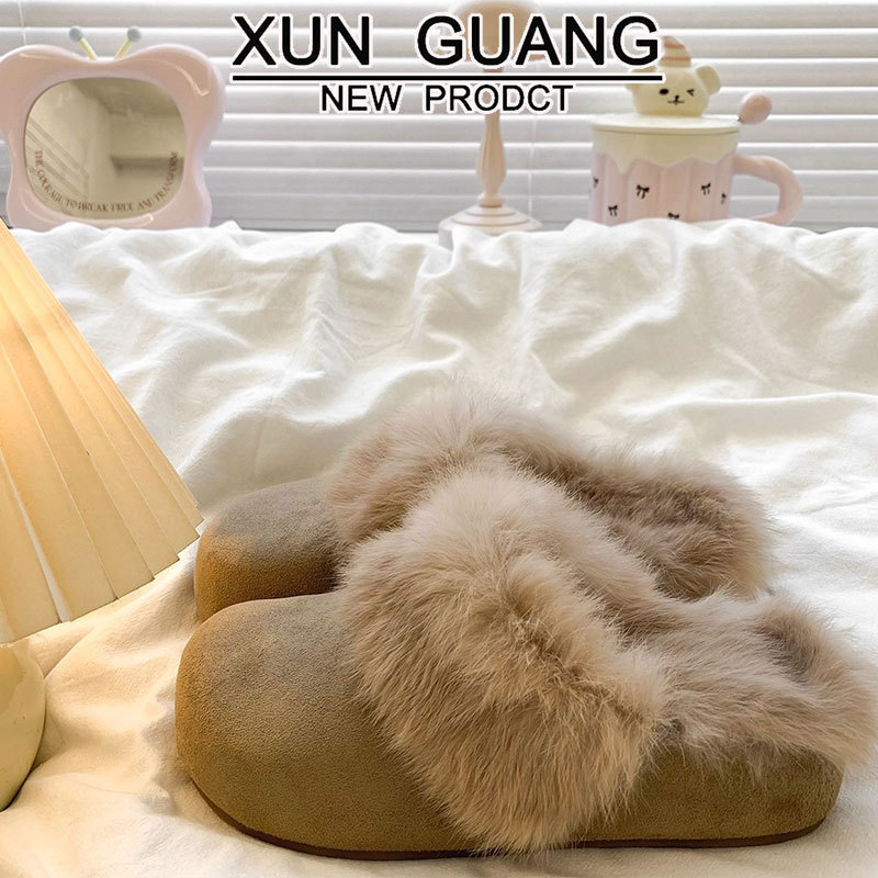 Cowhide Version Thick-Soled Fleece-Lined Birkenstock Toe-Cap Half Slippers for Women's Outer Wear 2025 New Winter Snow Boots Plush Cotton Slippers