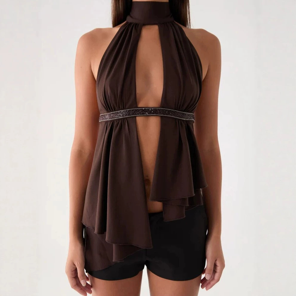 Women's Halter Neck Crop Top, Sexy Hollow-Out Bodycon Midriff Top With Rhinestone Design For Summer, Brown_ecoleips.com