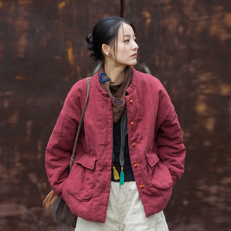 (Strictly Selected) 2026 Winter Ramie Quilted Warm Cotton Coat with Modified Chinese Knot Buttons and Stand Collar, Versatile Women's Short Cotton Coat