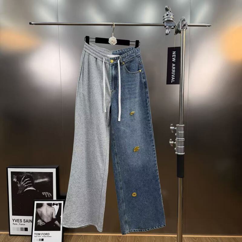 Spring 2026 Handmade Metal Buckle Decorated Washed Wide-Leg Jeans Straight Splicing Style Lazy Style