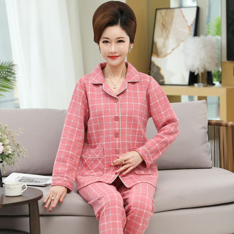 100% algodón capa intermedia de mediana edad y anciana madre pijamas de las mujeres de invierno flojo aire algodón engrosada homewear traje