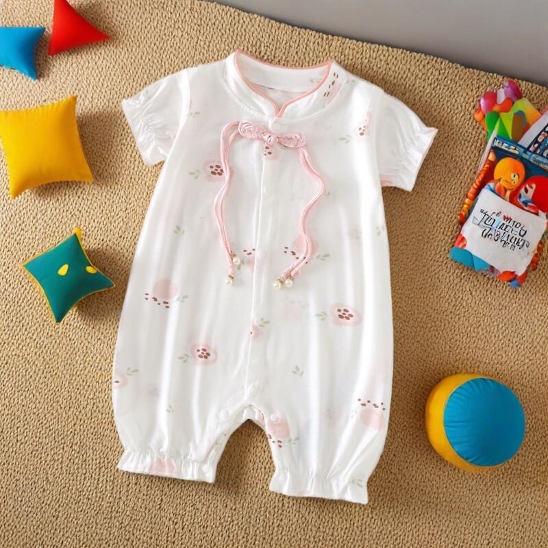 Paco Bedi Class a New Chinese Style Baby Summer Clothes Short Sleeve Modal Seamless Crawling Suit for 0-3 Year Old Baby Thin Style