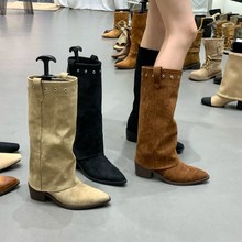 棕色美拉德绒面高跟尖头长筒时装靴女靴子2025秋冬季两穿瘦瘦长靴