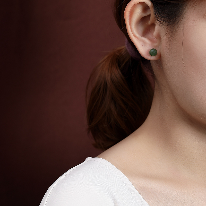 Bông tai nữ bạc S925 mạ vàng đính đá jasper thiên nhiên hạt tròn — Mẫu mạ vàng 8mm (không có đốm đen)