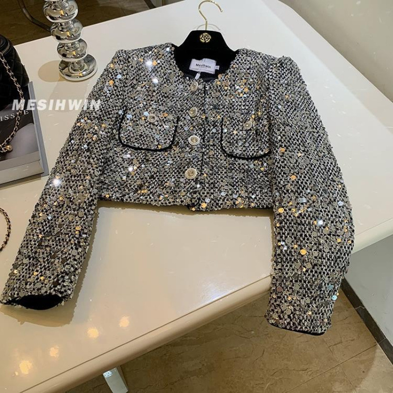 2024 Autumn New Heavy Industry Sequin Chaebol Daughter Xiaoxiang Style Short Tops Women's Small High-End Top Trendy