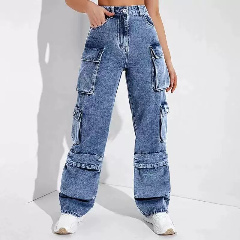 Европейские и американские трансграничные джинсы женские комбинезоны с высокой талией раскладушки карманы свободные приталенные прямые брюки