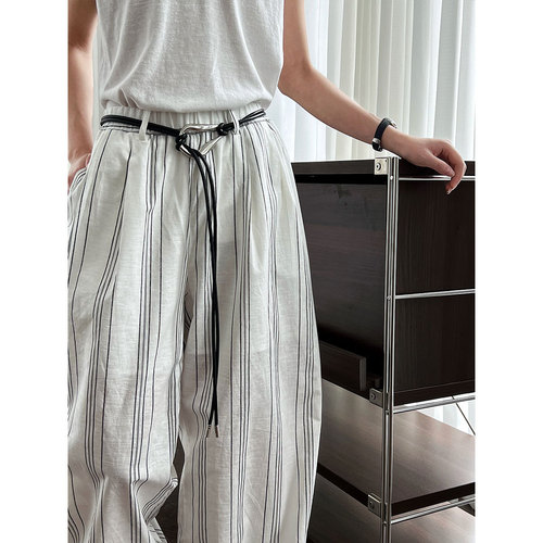 Women's Summer New Casual Loose Trousers with Belt, Relaxed Wide Leg, 1899, in Linen and Hemp Fabric with Stripe and Stretch Waist