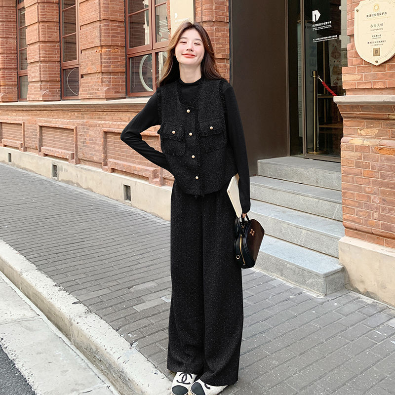 法式流苏边小香风马甲套装女春秋2025新款感气质阔腿裤两件套纯色|undefined