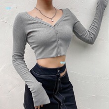 Solid V-Neck Knit Casual Long Sleeve T-Shirt��ɫV�Iᘿ��L��