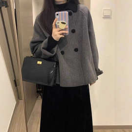 灰色短款呢子大衣女秋冬娃娃领复古加厚小个子韩系赫本风毛呢外套