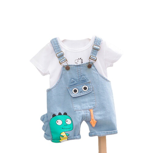 Foreign trade children's clothing wholesale children's short-sleeved suit boys cartoon pocket dinosaur T-shirt short-sleeved denim overalls