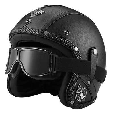 Motorcycle Safety Supplies Helmet Riding 3/4 Half Helmet - 555-leather-helmet-black-square-retro-mirror-s