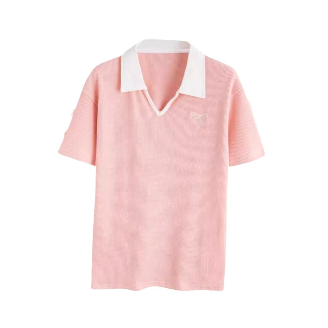 2-300 kg extra grande waffle polo cuello de polo camiseta de manga corta verano femenino nuevo estilo suelto y delgado pajarita top