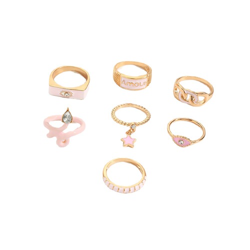 Ins style pink oil drop diamond glasses ring 7 pieces chain snake star pendant ring set