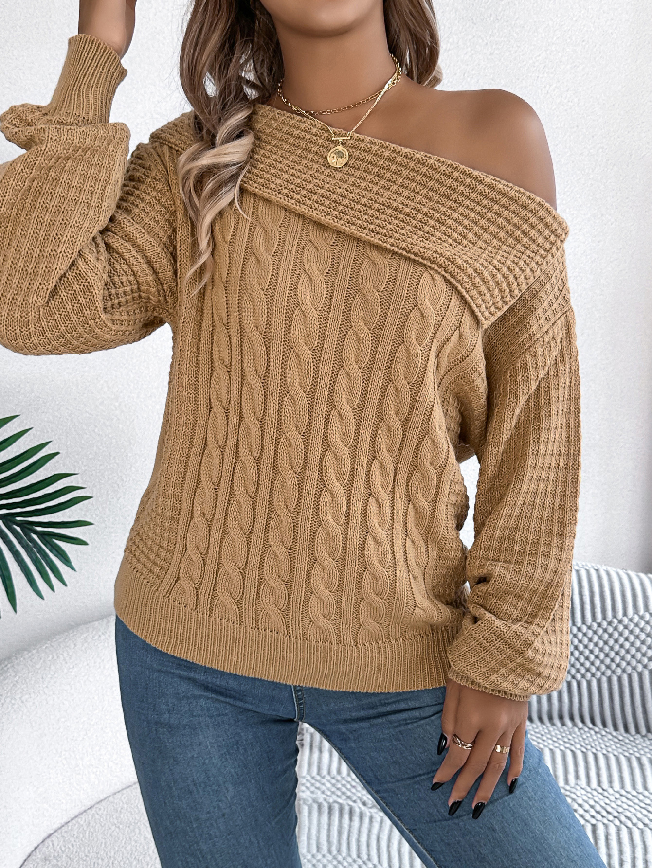 Women's Sweater Off Shoulder Lapel Twist Long Sleeve Pullover_voghion.com