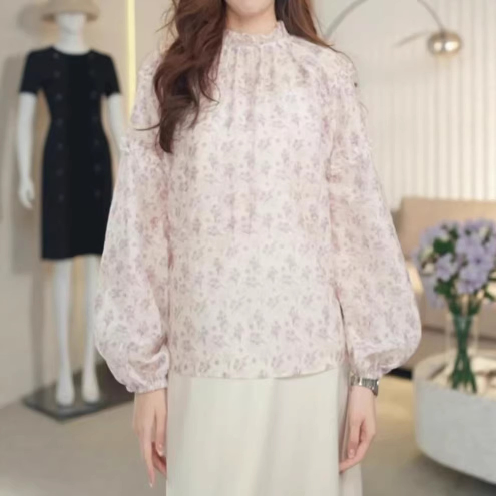 Áo sơ mi dài tay nữ hai lớp phối ren hoa nhí, chất liệu mềm mại — Bột hoa anh đào - Hoa nhỏ chi tiết 3