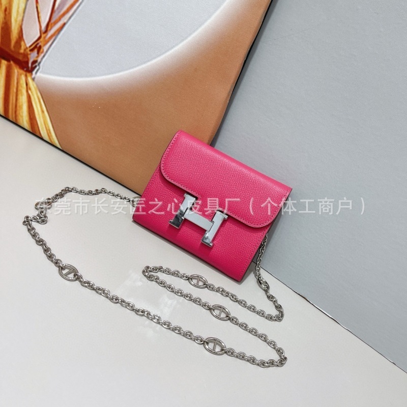 H家 真皮牛皮钱横款方型中长款棕色锁扣链条纯色零钱卡包专供跨境|undefined