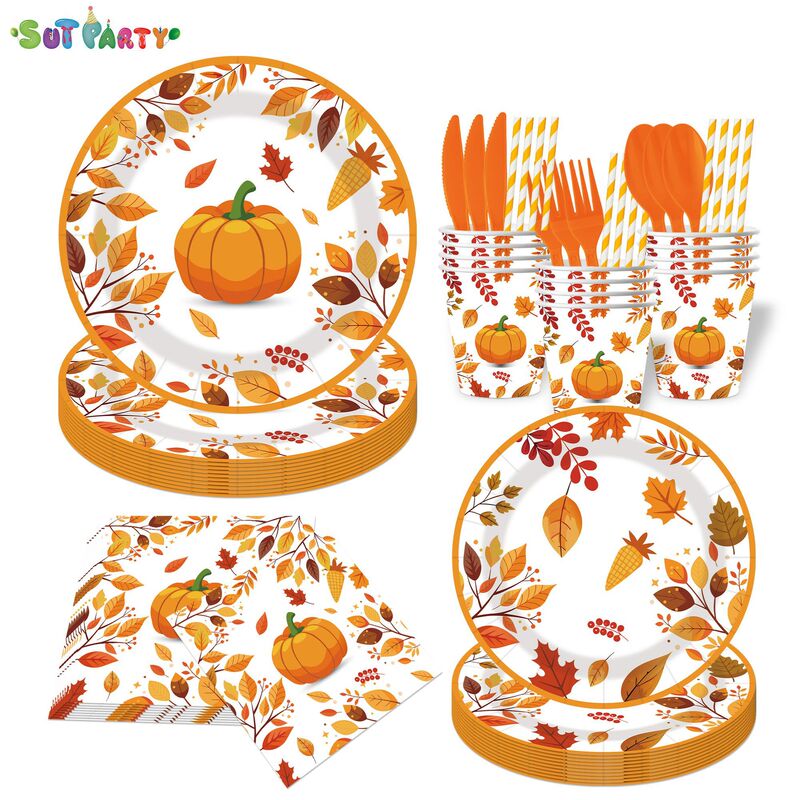 Thanksgiving party tableware set, disposable paper plates, paper cups, paper napkins, holiday party supplies, one-stop wholesale Thanksgiving party tableware set, disposable paper plates, paper cups, paper napkins, holiday party supplies, one-stop wholesale