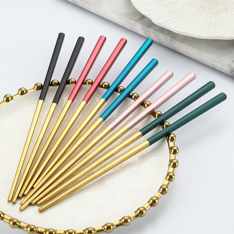 Estilo nacional de moda 304 palillos de acero inoxidable vajilla chapado en oro colorido hogar hotel una persona palillos traje caja de regalo al por mayor