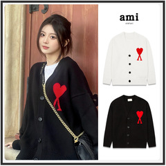 ami ニットカーディガンスモールラブハートハイウェイトルーズ秋冬シングルブレストトップ V ネッククロスボーダーウールセータージャケット