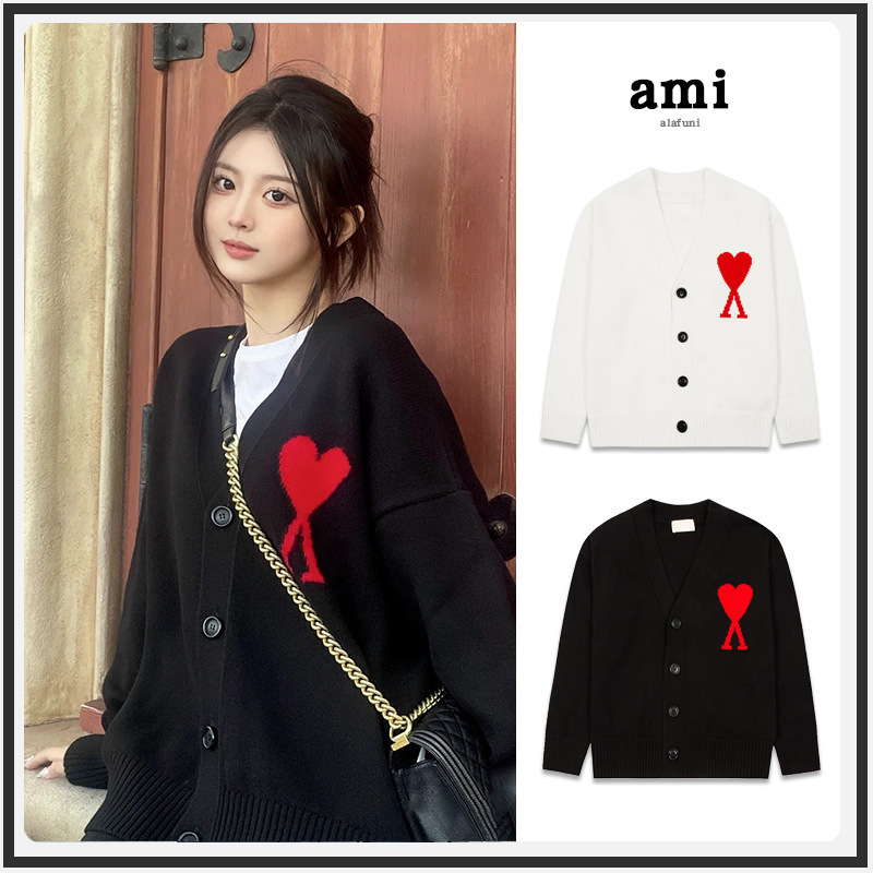 Ami Knitted Cardigan Small Heart High Weight Loose Autumn and Winter Single-Breasted Top V Neck Cross-Border Wool Sweater Jacket
