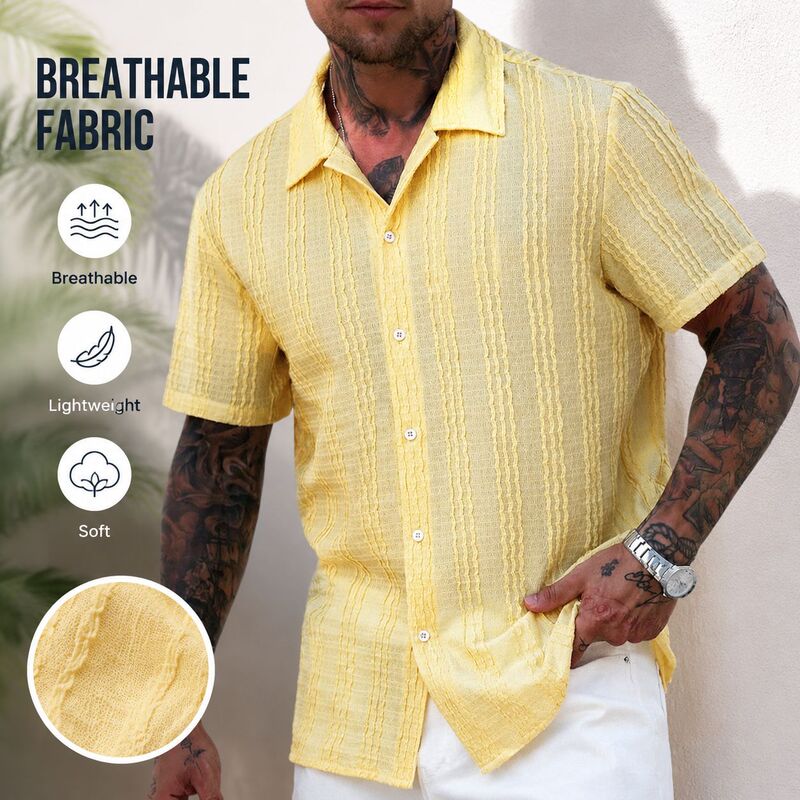 Cross-Border Short-Sleeved Shirt with Tropical Style, Knitted Crochet Texture Design, Cuban Collar Top, Striped Casual Loose Fit Cross-Border Short-Sleeved Shirt with Tropical Style, Knitted Crochet Texture Design, Cuban Collar Top, Striped Casual Loose Fit