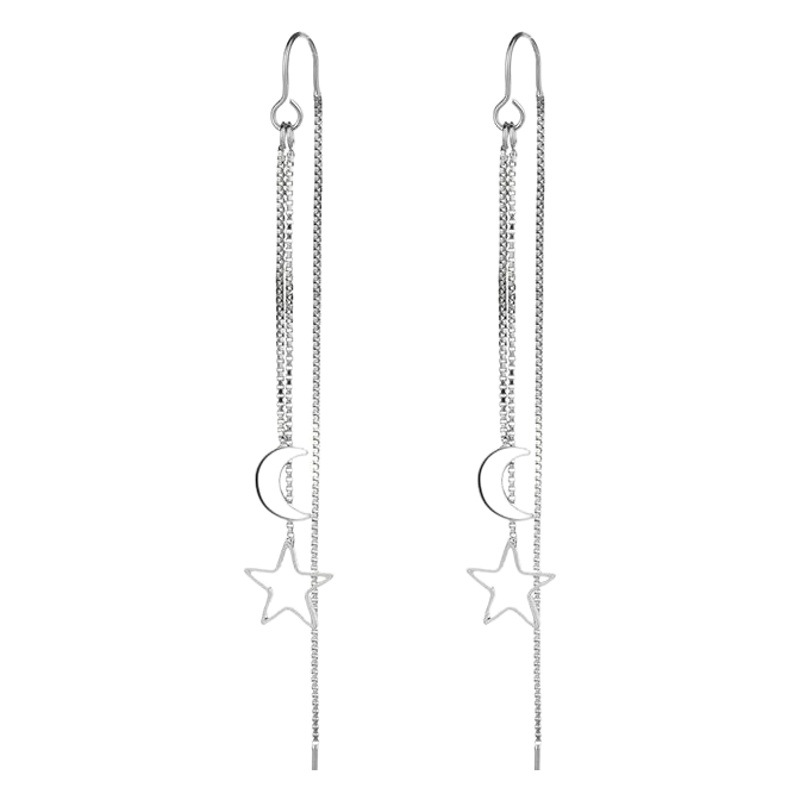 Gu Mao Ning Slim Long Earrings with Star and Moon Tassels, Unique and Elegant Hollow Star and Moon Ear Threaders