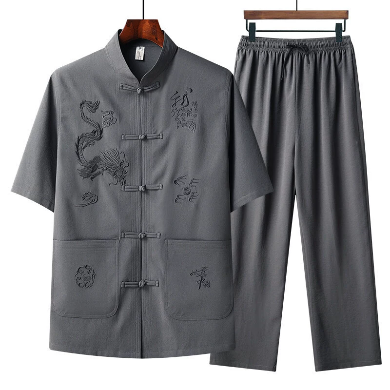 Костюм Тан с вышивкой дракона, мужской летний костюм с короткими рукавами для среднего и пожилого возраста на пуговицах, костюм в китайском стиле, рубашка с половиной рукавов для отца, готовая к продаже