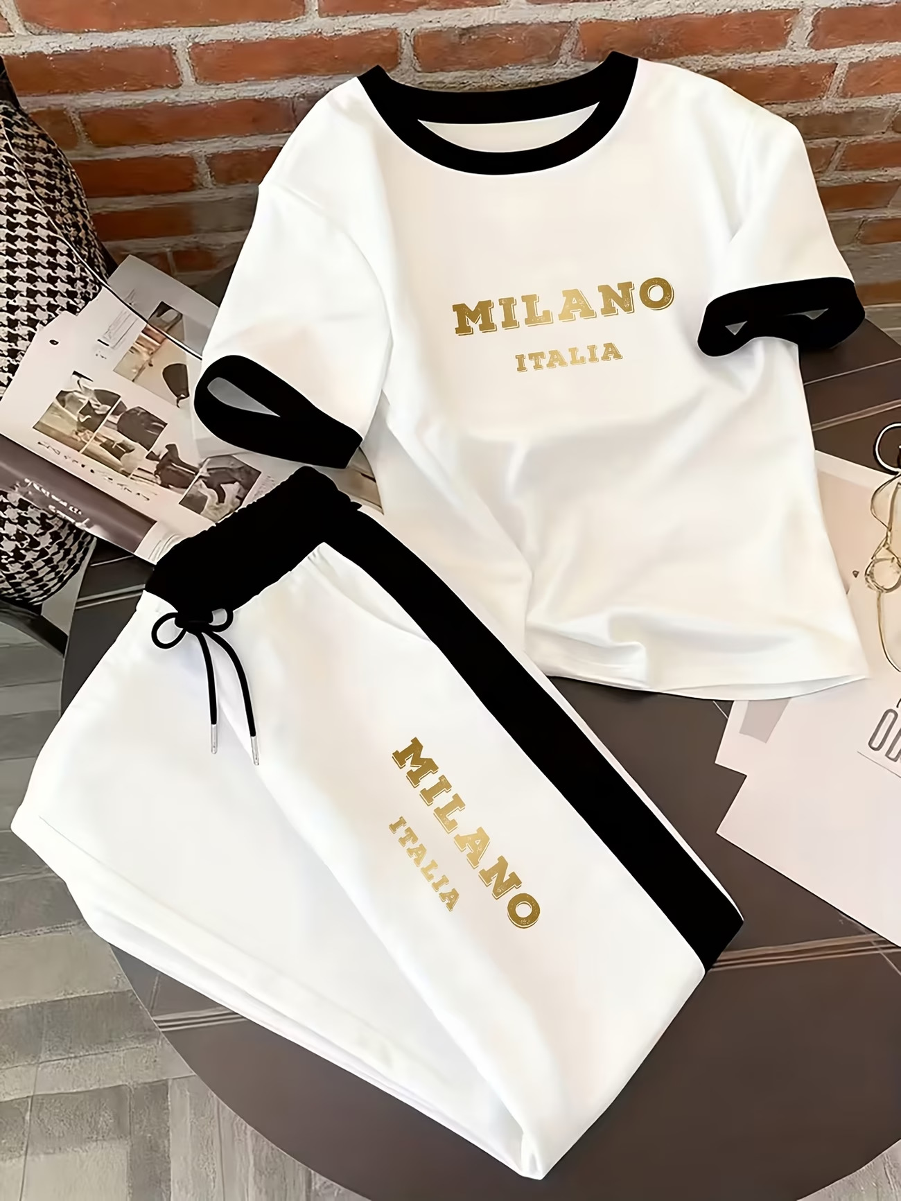 Women's Italian Style Commuter Short Sleeved Shirt And Shorts Set Loose Fit Gold Letter Print Two Piece Outfit_ecoleips.com