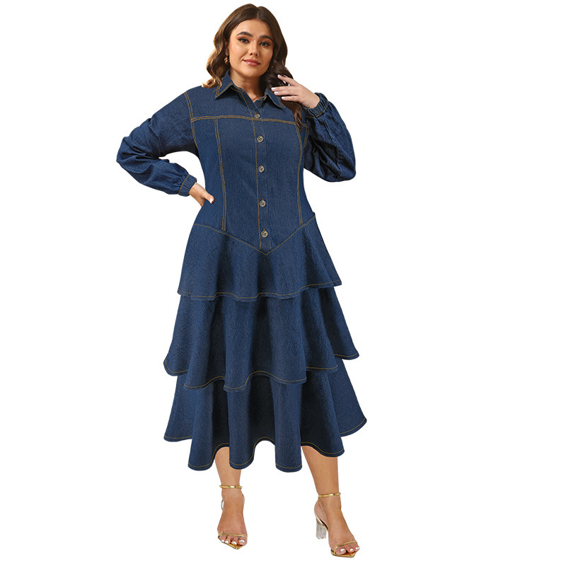 218511クロスボーダープラスサイズ婦人服新しいデニム長袖ラペルケーキロングドレスソース工場直販|undefined
