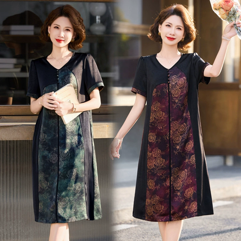 Физический оптовый костюм мамы новый стиль с короткими рукавами платье темперамент для женщин среднего и старшего возраста элегантное платье свекровь юбка