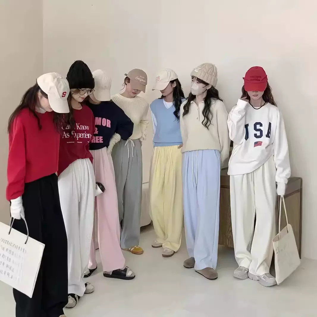 珍黛妮~早秋新款韩版直筒阔腿裤女宽松马卡龙色休闲运动裤百搭棉