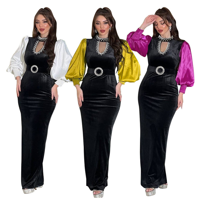 Xqy500251 Contrast Color Robe, Slim Fit, Zipper, Velvet, Formal Dress