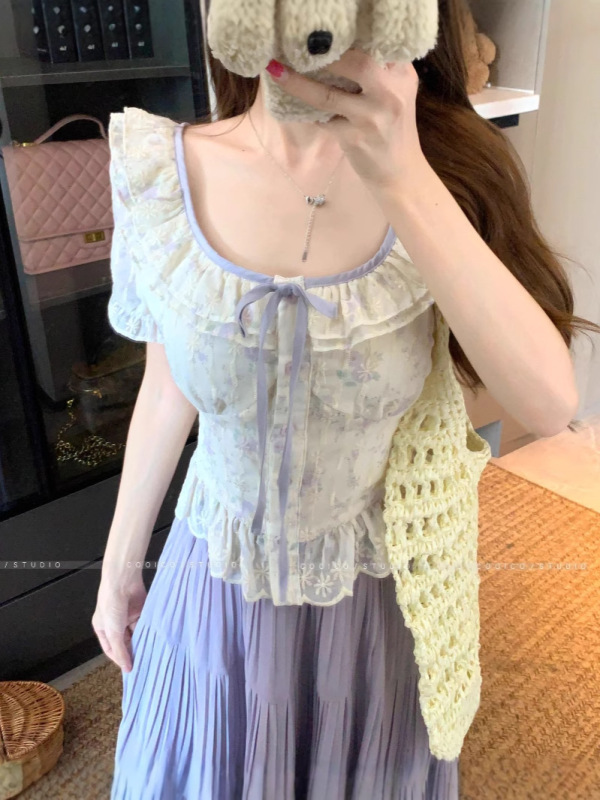 プラスサイズの女性のフレンチフローラル刺繍スクエアネックトップ夏ファットmmパフスリーブシャツツーピーススカートスーツ|undefined