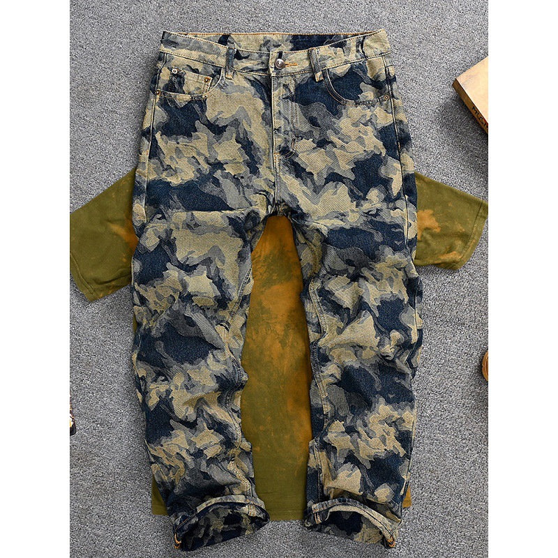 Men's Clothing Korean Style Retro Washed Distressed Jeans For Men, Loose Straight Leg Wide Leg Patchwork Tie Dye Print High Street Style Pants._voghion.com