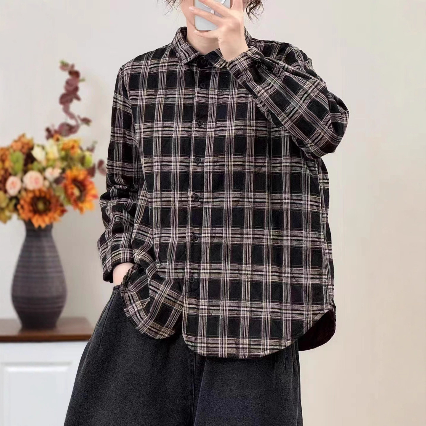 古咖服饰2025秋冬新款复古棉麻格子衬衫女翻领单排扣绗线夹棉衬衣