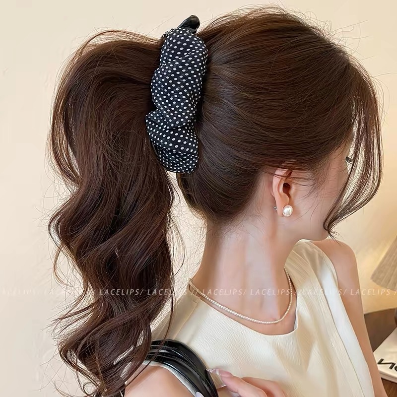 87# black polka dot chiffon pleated fabric banana twist clip - 13cm