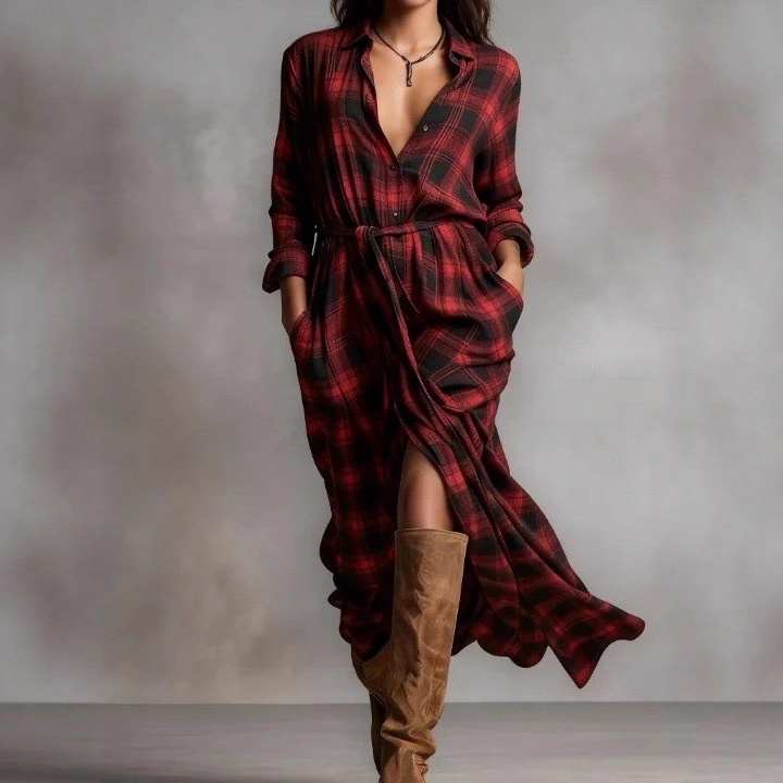 2025 European and American Clothing Independent Station Amazon Plaid Digital Printing Long-Sleeved Cardigan Lace Dress Long Skirt