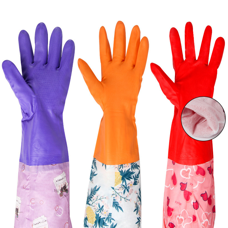 Guantes de cocina de alta calidad para el hogar, con forro polar, estampados, de longitud extendida, específicos para látex, guantes de goma de una pieza con forro polar.