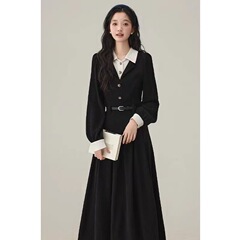 2025新款小香风黑色假两件连衣裙女秋冬季教资面试通勤气质长裙