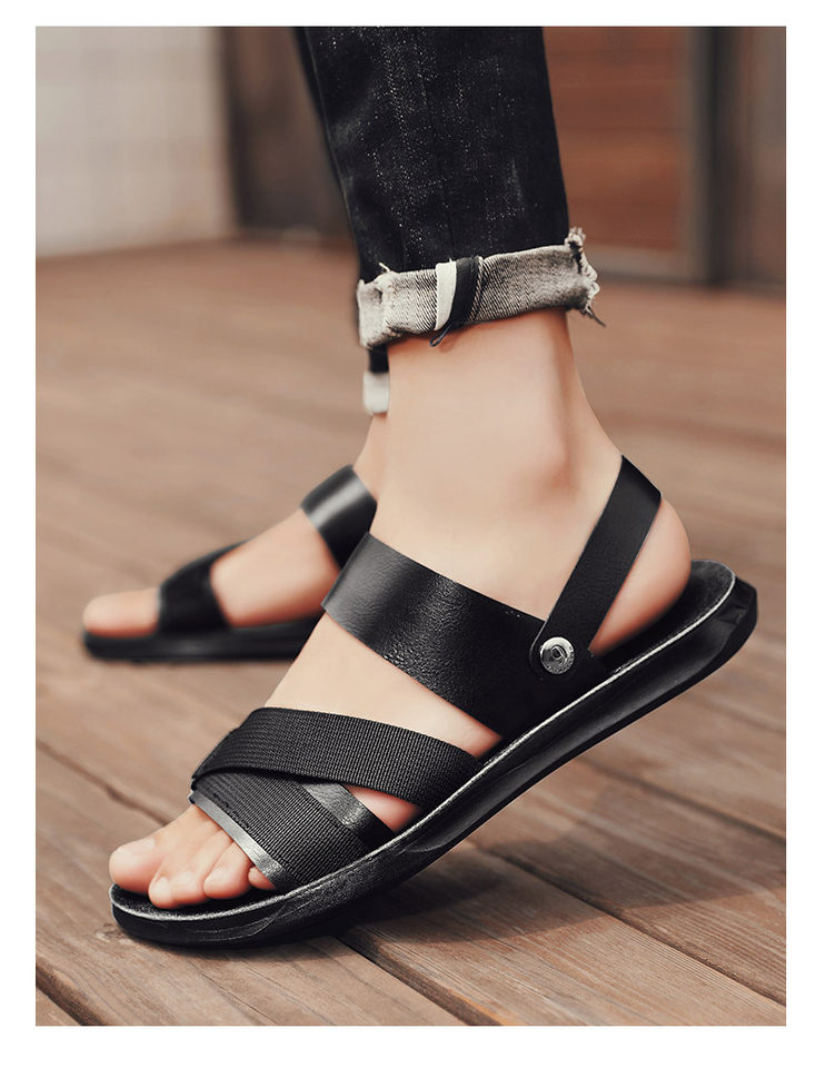 Dép sandal nam quai ngang hở ngón da PU chống trơn trượt, đế mềm thoáng khí đi biển mùa hè — Đen toàn bộ, Đen trắng chi tiết 13