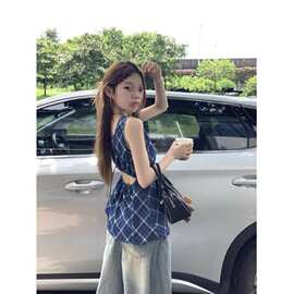 复古蓝色格子露腰吊带背心女夏季甜辣风漂亮别致收腰外穿无袖上衣