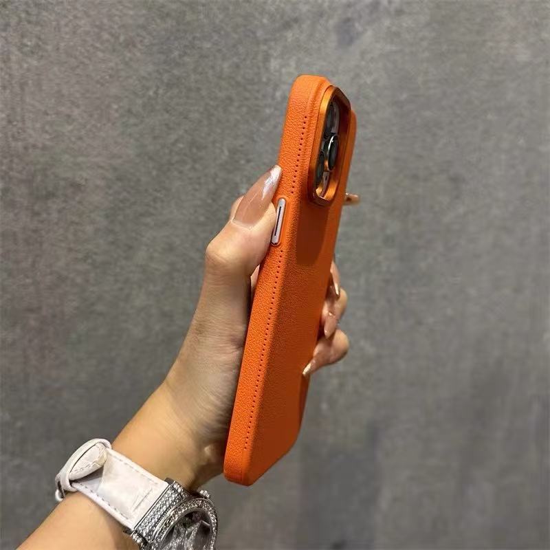 Patrón de lichi de color sólido simple para iPhone15 estuche para teléfono móvil de agujero grande 16ProMax 14 Apple 13 hombres y mujeres 16 duro