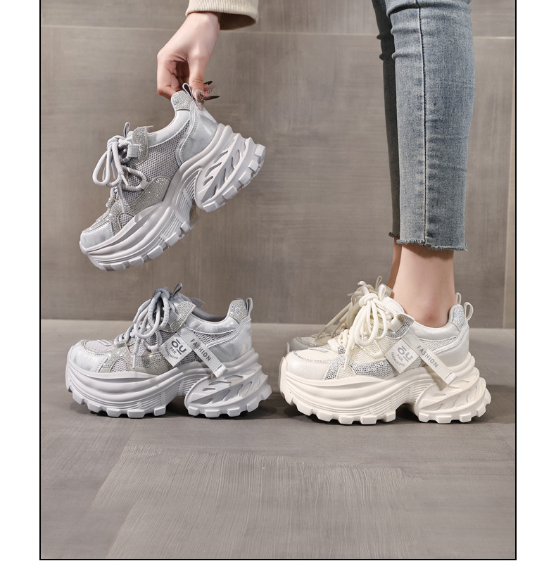 Giày sneaker nữ chunky đế dày lưới thoáng khí đính đá rhinestone — màu be chi tiết 17