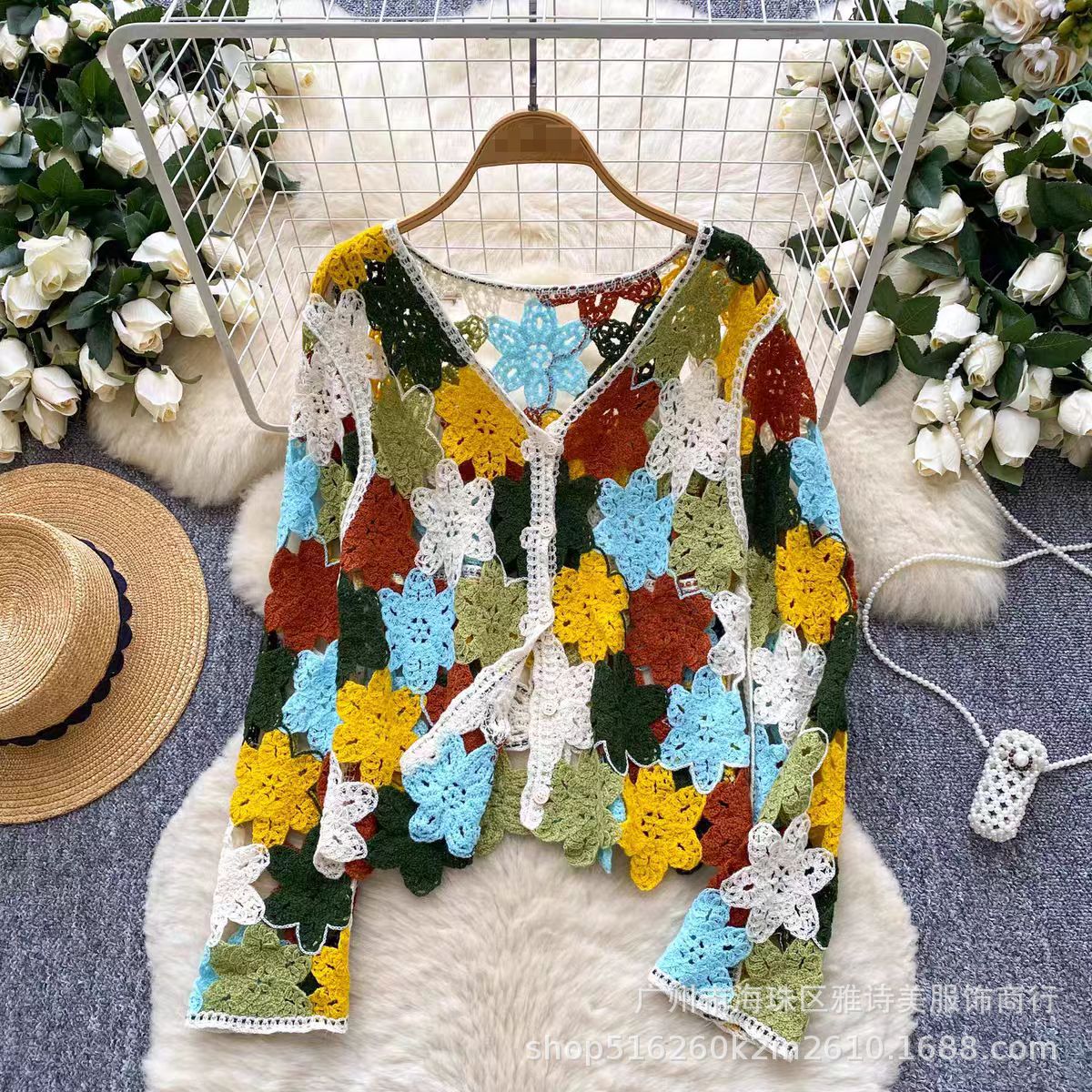 Bohemian Retro Ethnic Style Heavy Hollow Crochet Knit Cardigan for Women, Autumn Trendy Versatile Long-Sleeve Top