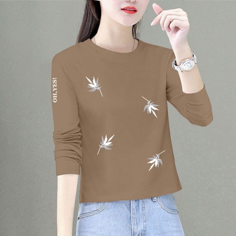 Coffee-Colored Pure Cotton Long-Sleeve T-Shirt for Women, New Spring and Autumn Style, Petite High-Waisted Loose Short Top, Slimming Base Shirt Coffee-Colored Pure Cotton Long-Sleeve T-Shirt for Women, New Spring and Autumn Style, Petite High-Waisted Loose Short Top, Slimming Base Shirt