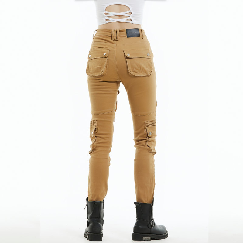 Loong biker motocicleta equitación pantalones de las mujeres Caballero retro casual multi-bolsa motocicleta monos de color caqui